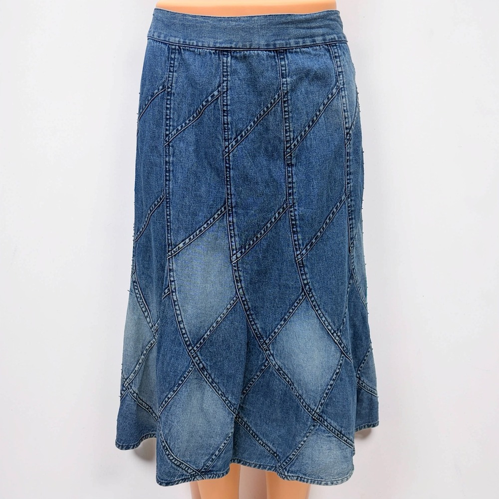Studio West Apparel Denim Skirt Patchwork Paneled Midi Size M Blue